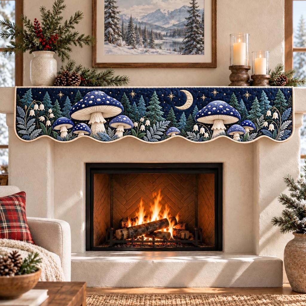 Moonlit Indigo Mushroom Quilted Mantel Scarf