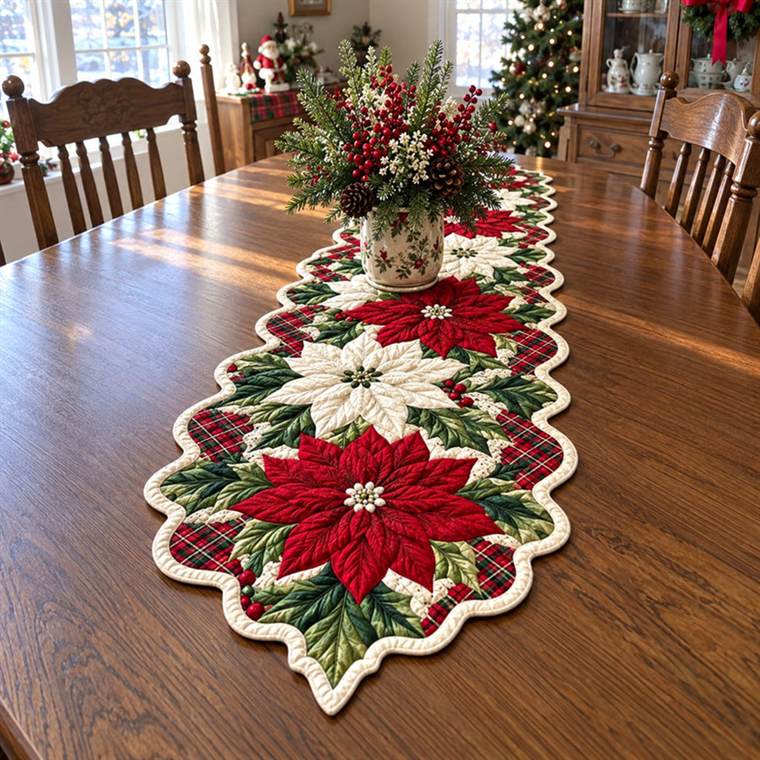 Winter Poinsettia Garden Custom Shape Quilted Table Runner SN0PT1060