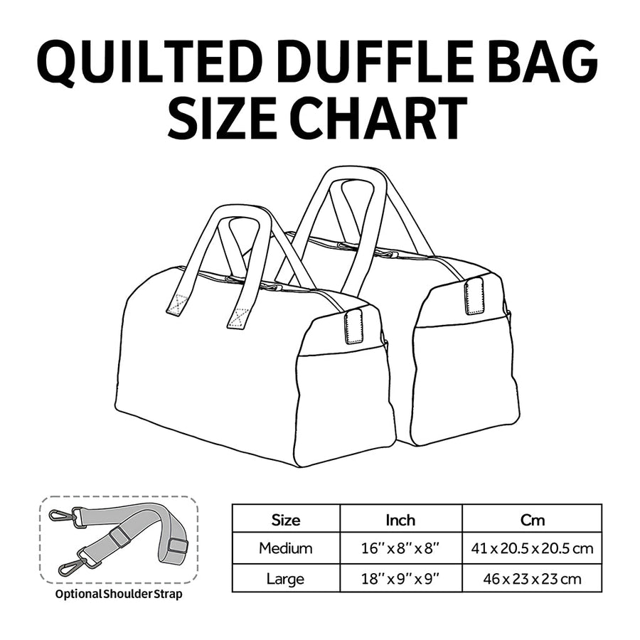 Duffle bag size chart, medium and large