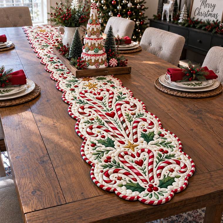 Candy Cane Christmas Cheer Custom Shape Quilted Table Runner SN0PT1003
