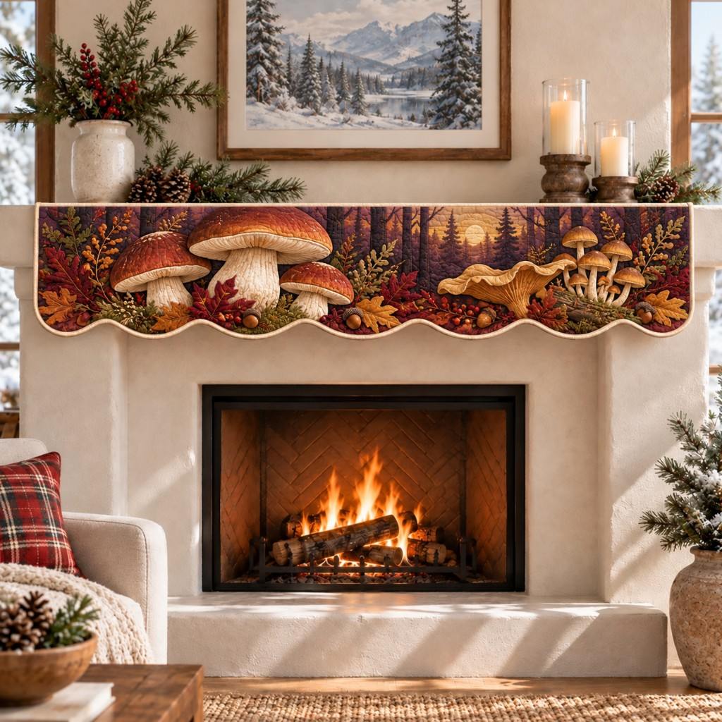 Autumn Porcini Forest Quilted Mantel Scarf