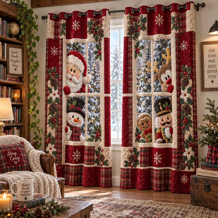 Santa And The Busy Bunch Quilted Curtains SN0PT1090